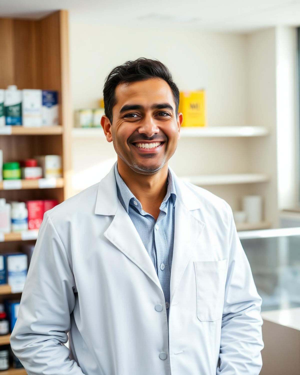 Imran Patel, superintendent pharmacist at Meadowfield, smiling behind the counter